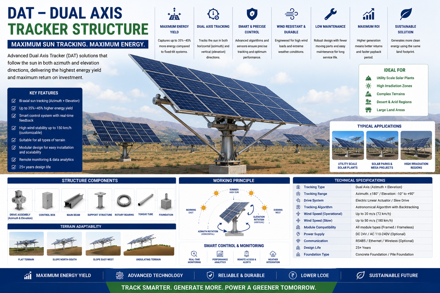 Dual axis tracker DAT solar structure high yield