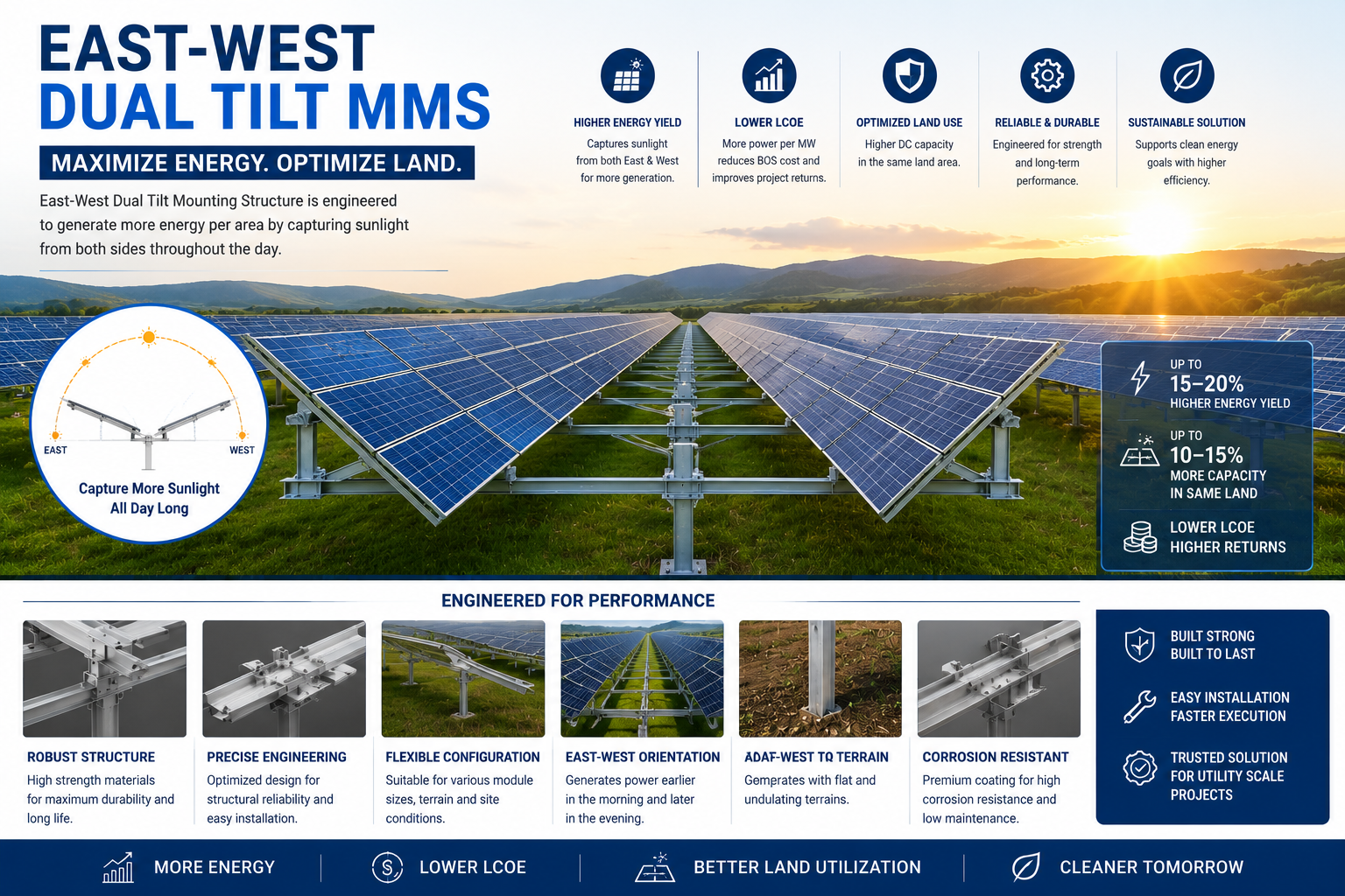 East-West dual tilt solar structure high density