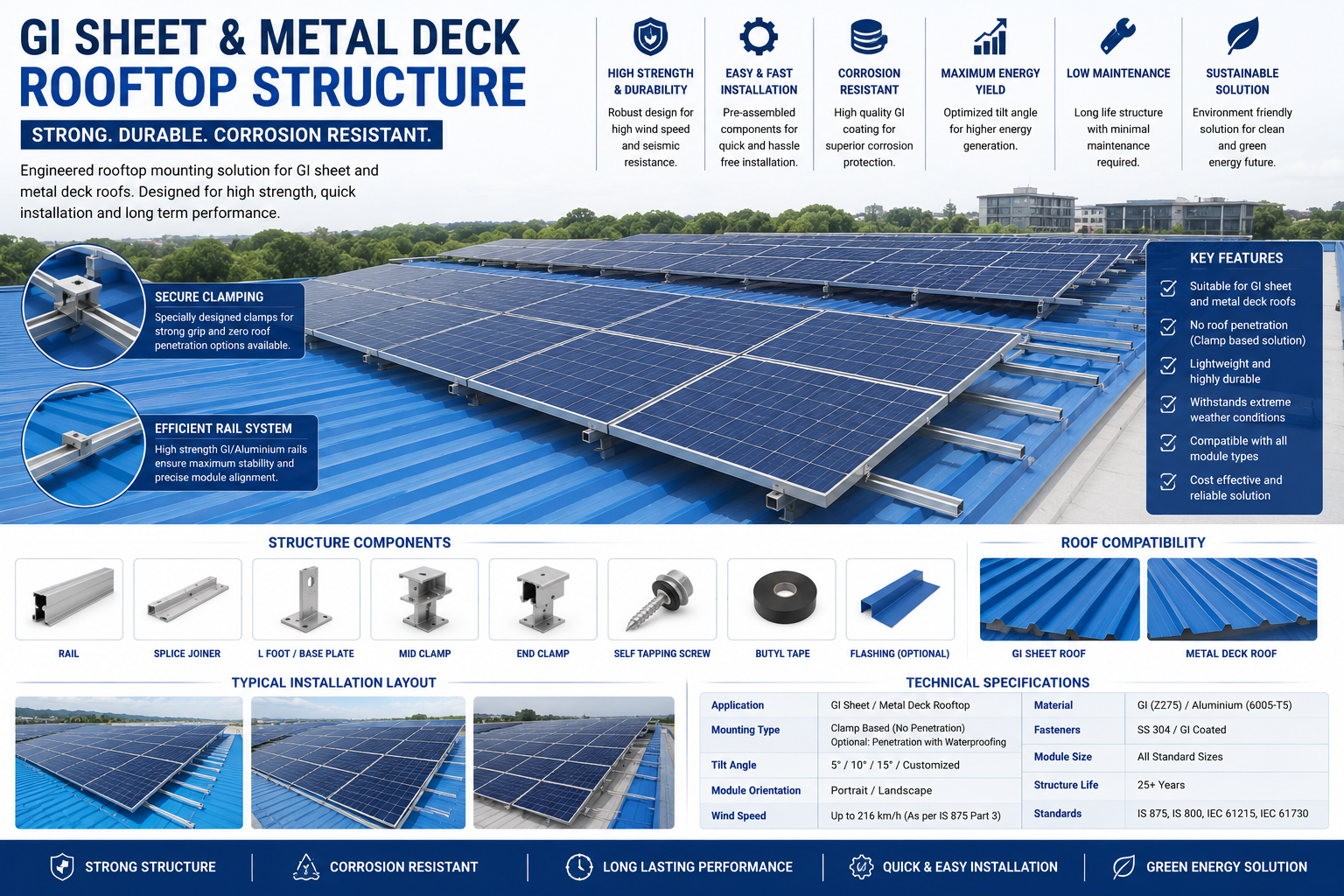 GI sheet metal deck rooftop solar hook clamp