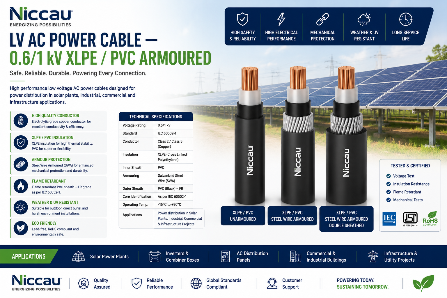 LV AC power cable XLPE armoured underground solar