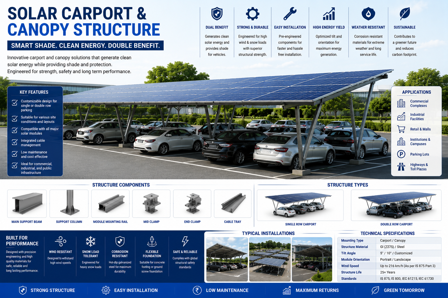 Solar carport structure EV charging parking canopy
