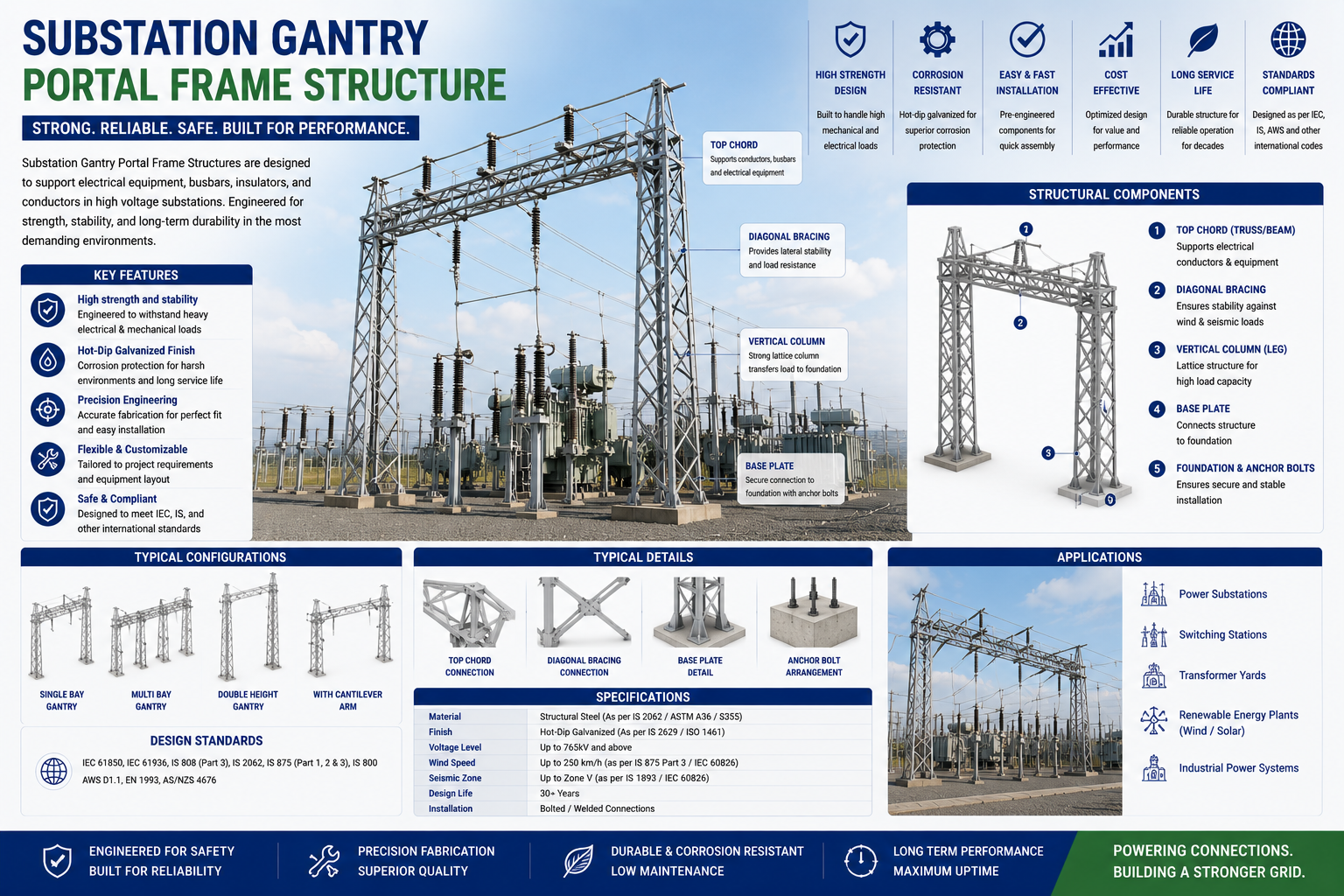 Substation gantry structure EHV high voltage portal frame