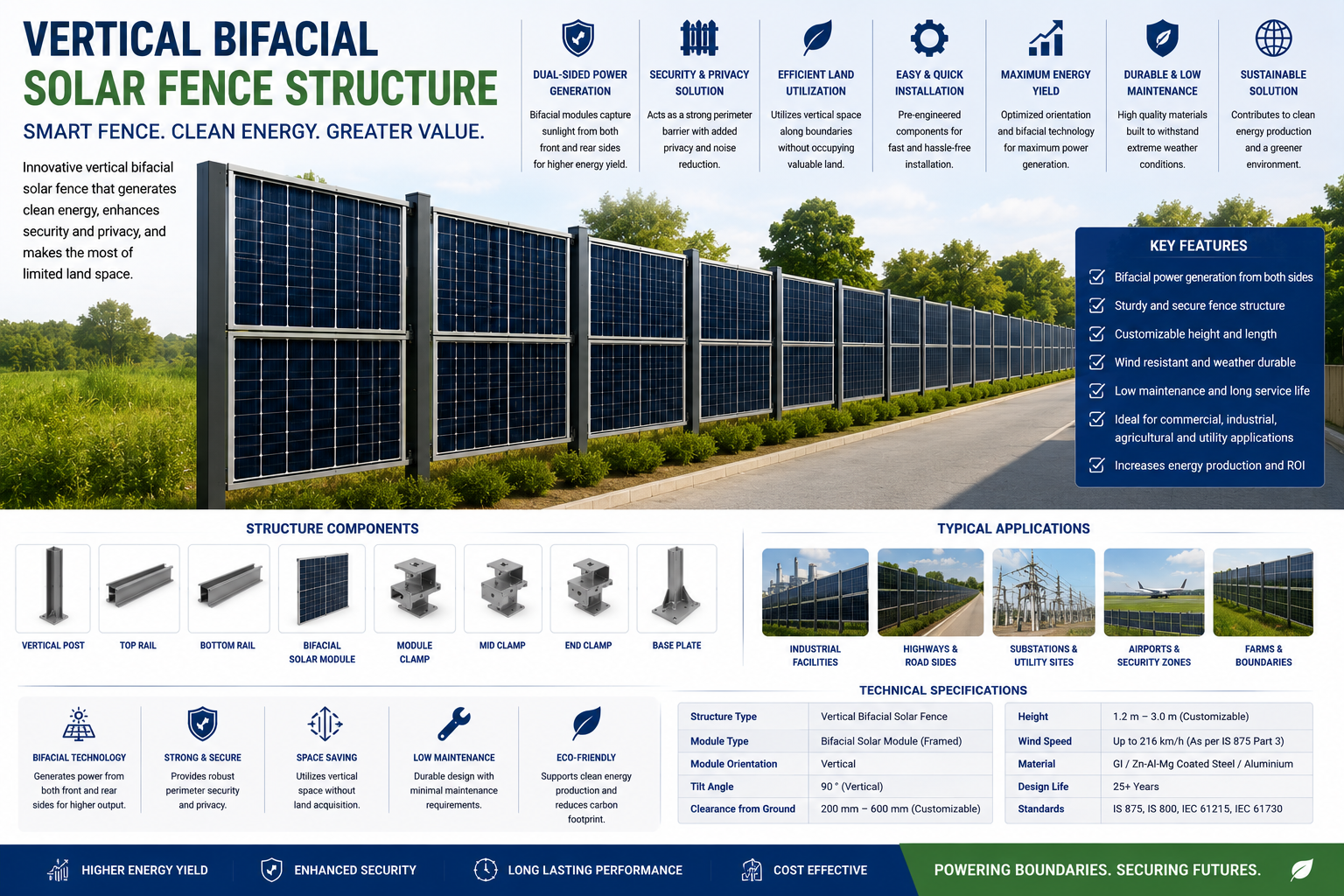 Vertical bifacial solar fence structure agrovoltaic E-W