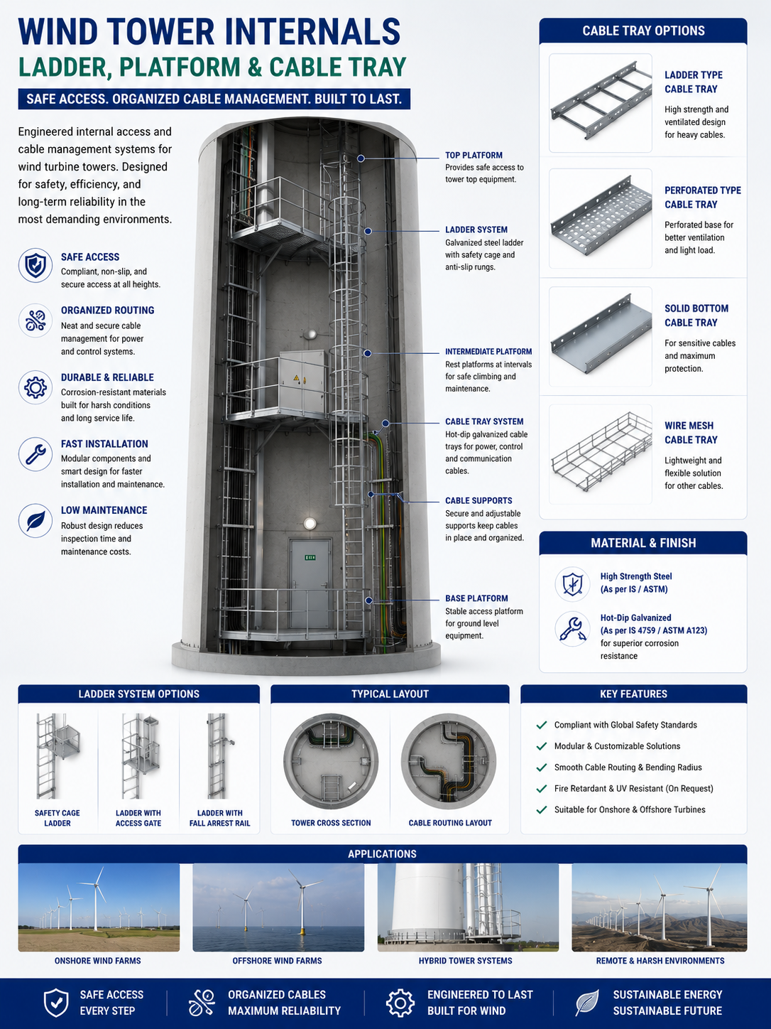 Wind turbine tower internals ladder platform cable tray