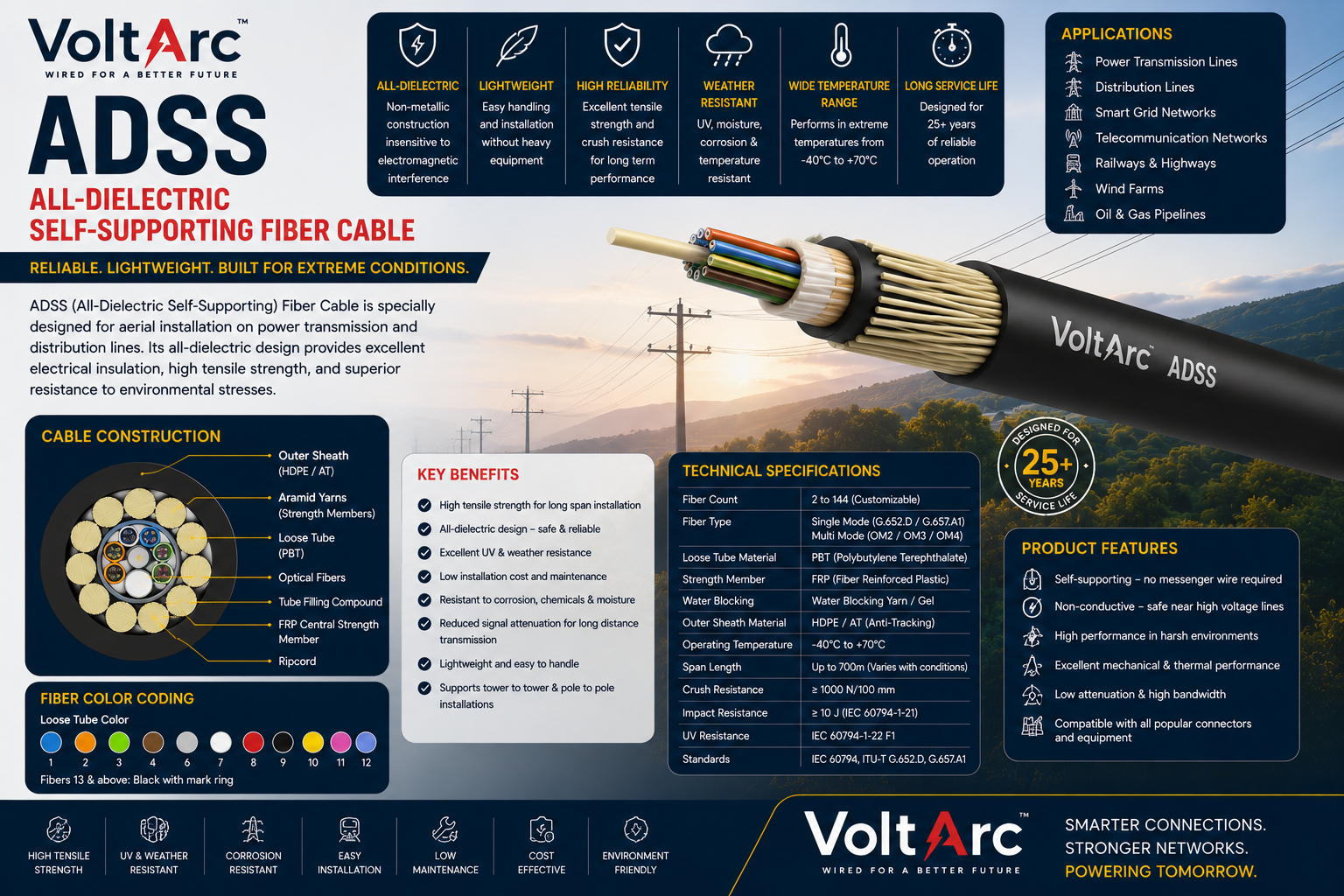 ADSS all dielectric self supporting fiber cable pole span