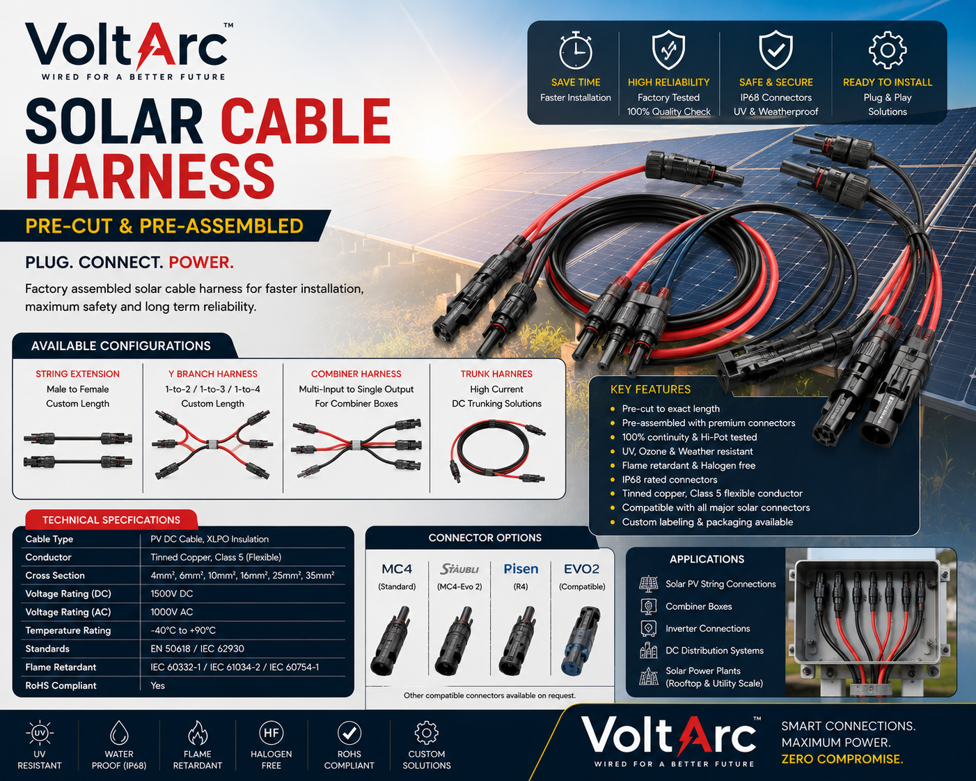 Solar cable harness pre-assembled custom length MC4