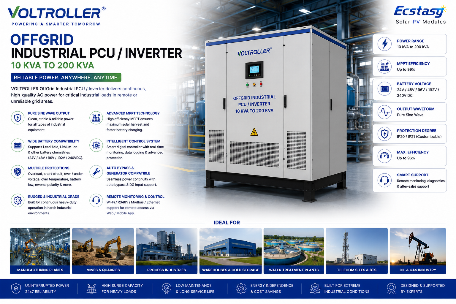 Off grid solar PCU industrial large